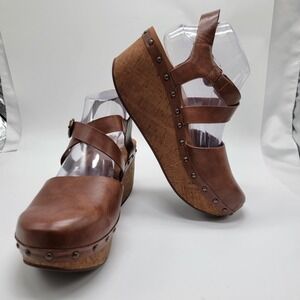 Yellow Box Renavi Mary Jane Wedge Clog Brown Sz 9.5 Faux Leather Chunky Studded